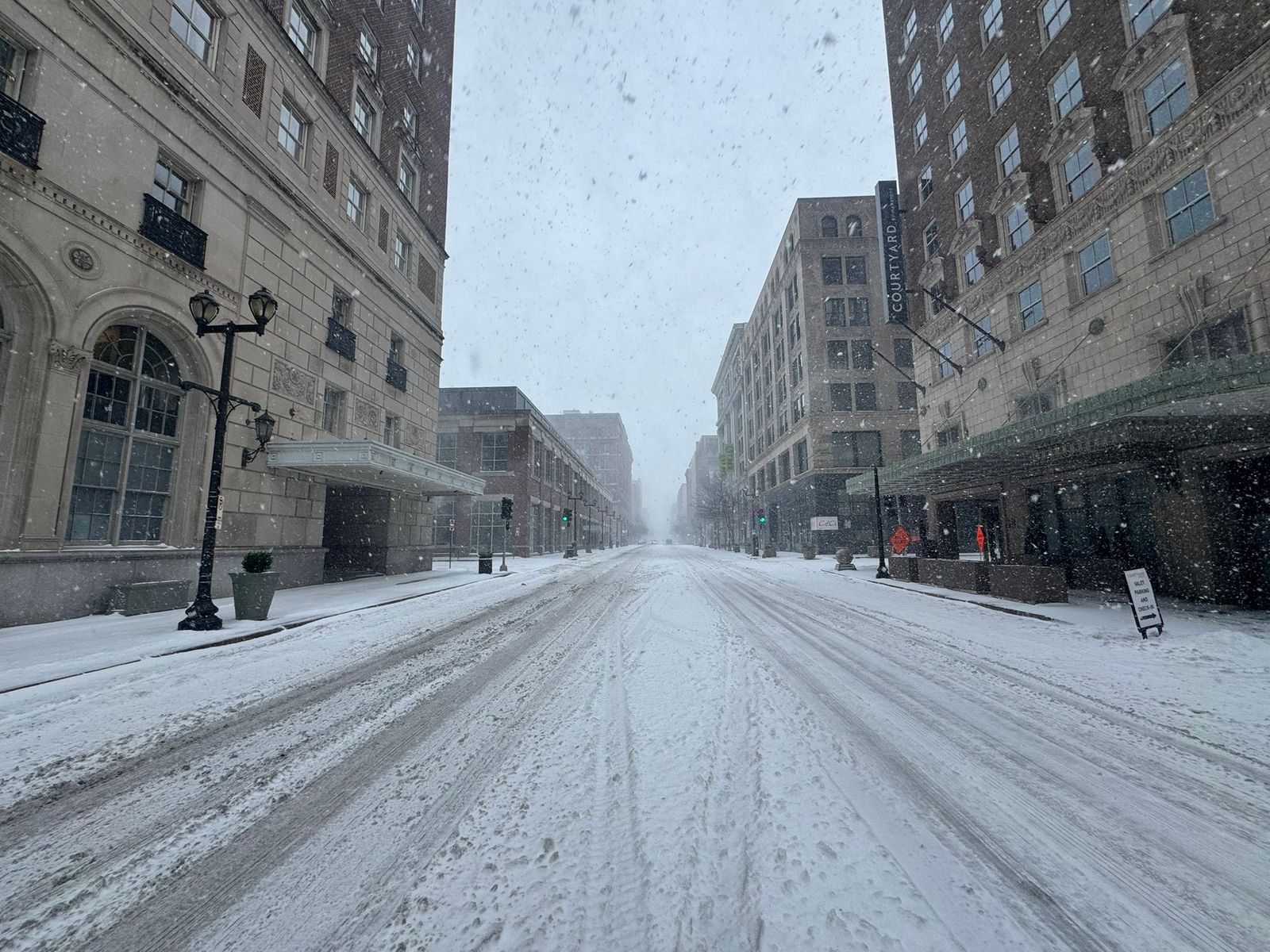 Photo of snow-covered streets in downtown St. Louis, MO.